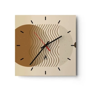 Orologio da parete - Orologio in Vetro - Astrazione geometrica con cerchi e linee ondulate in colori caldi. - 30x30cm - Sull'origine delle figure geometriche - Decorazione murale moderna per soggiorno e camera da letto ARTTOR