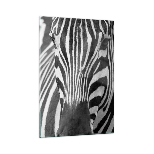 Quadro su vetro - Primo piano in bianco e nero di una zebra con le sue strisce distintive. - 80x120cm - Il mondo è in bianco e nero - Decorazione murale moderna per soggiorno e camera da letto ARTTOR