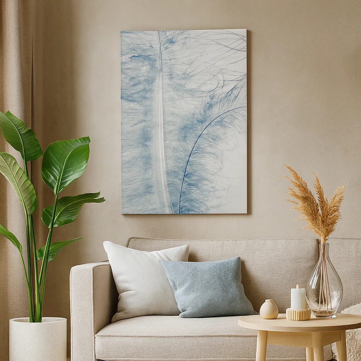 Quadro su tela - Stampe su Tela - Una piuma delicata in tonalità pastello su uno sfondo chiaro - 50x70cm - Il sussurro della natura - Decorazione murale moderna per soggiorno e camera da letto ARTTOR