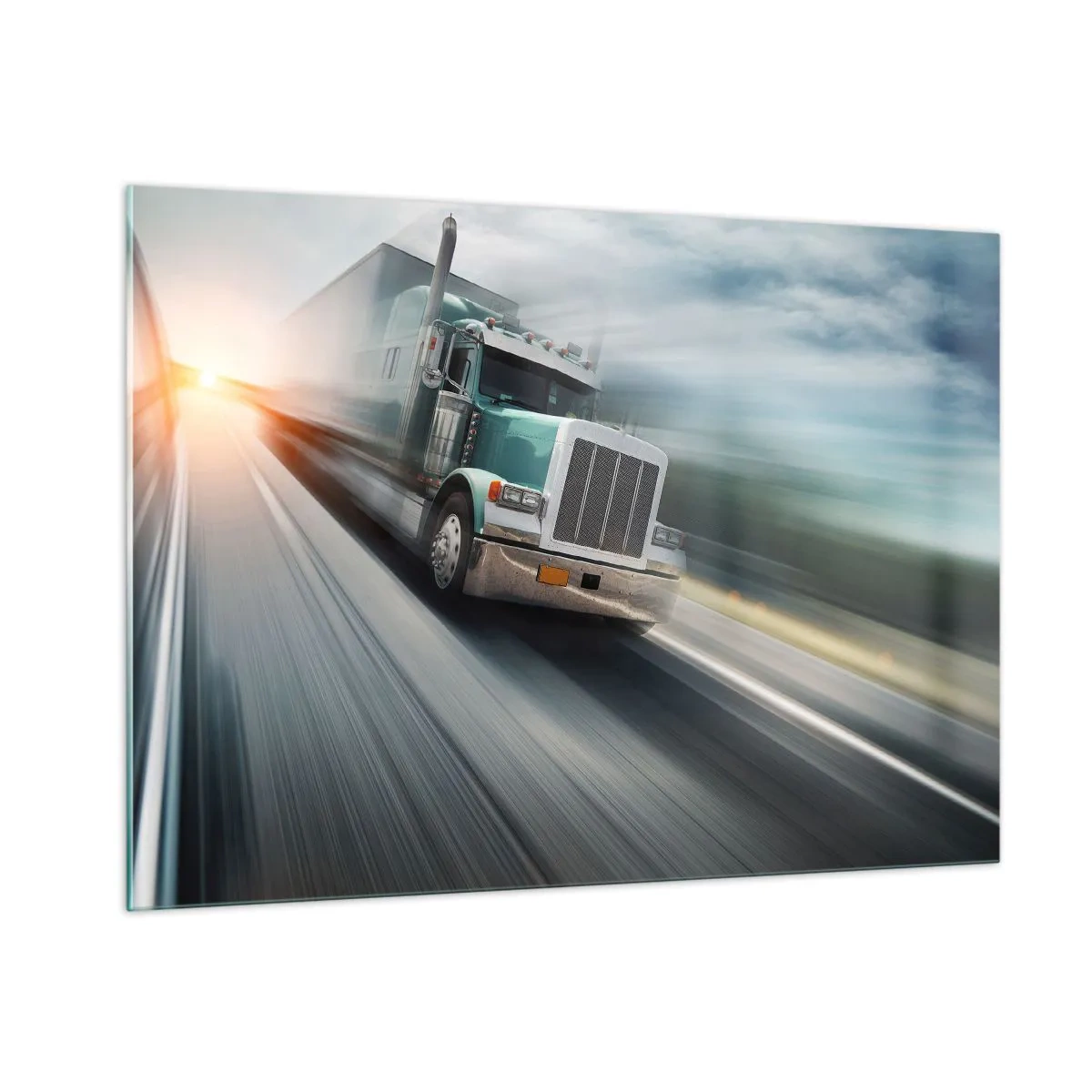 Quadro su vetro - Camion in autostrada al tramonto - 100x70cm - Gigante americano in corsa - Decorazione murale moderna per soggiorno e camera da letto ARTTOR