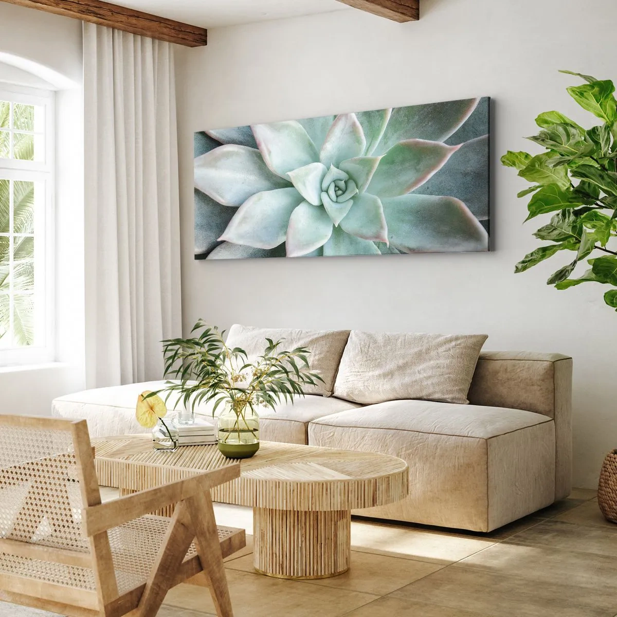 Quadro su tela - Stampe su Tela - Primo piano di una succulenta verde - 120x50cm - Il cuore del deserto - Decorazione murale moderna per soggiorno e camera da letto ARTTOR