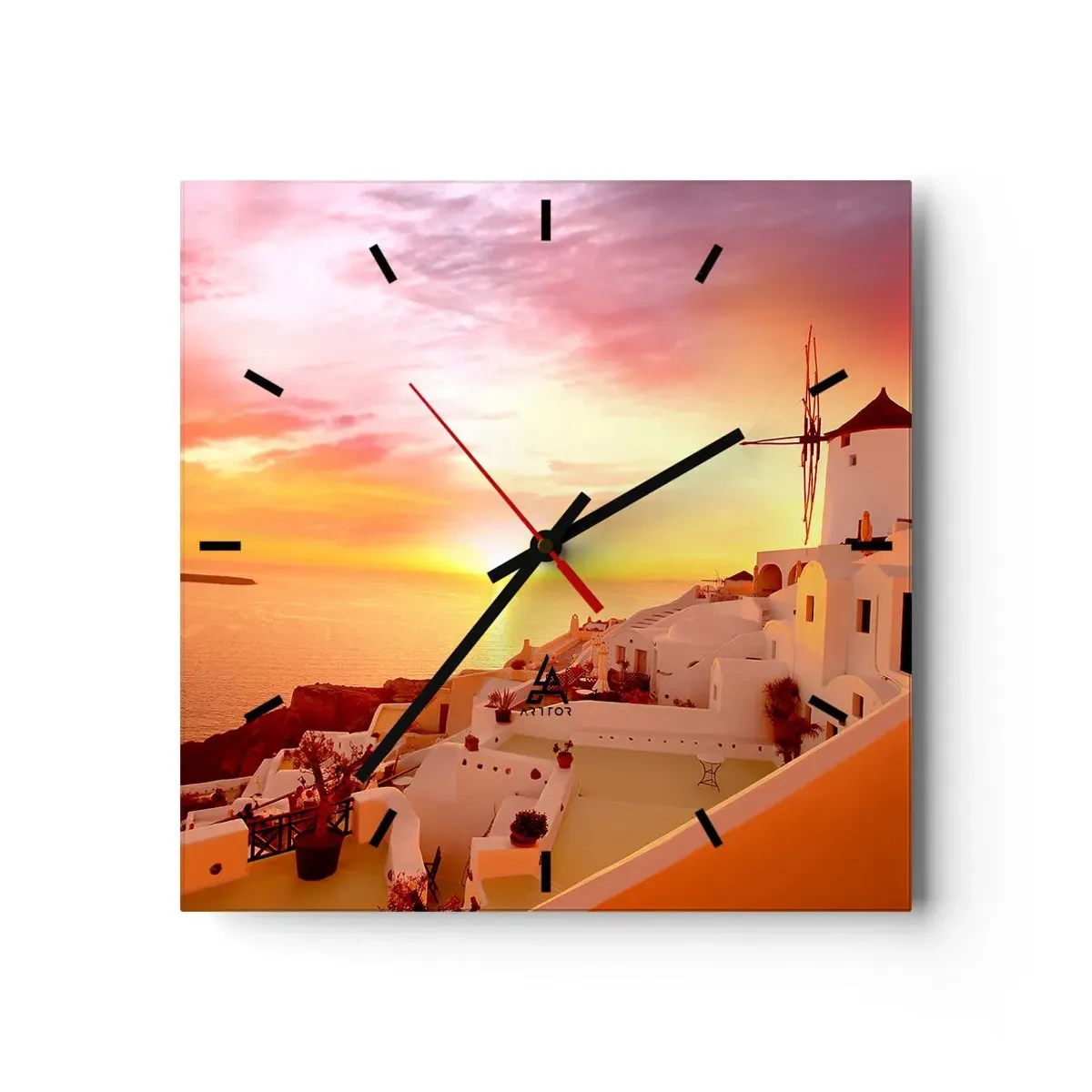 Orologio da parete - Orologio in Vetro - Santorini al tramonto con un mulino a vento - 30x30cm - Sciogliersi nel bianco e nell'oro - Decorazione murale moderna per soggiorno e camera da letto ARTTOR