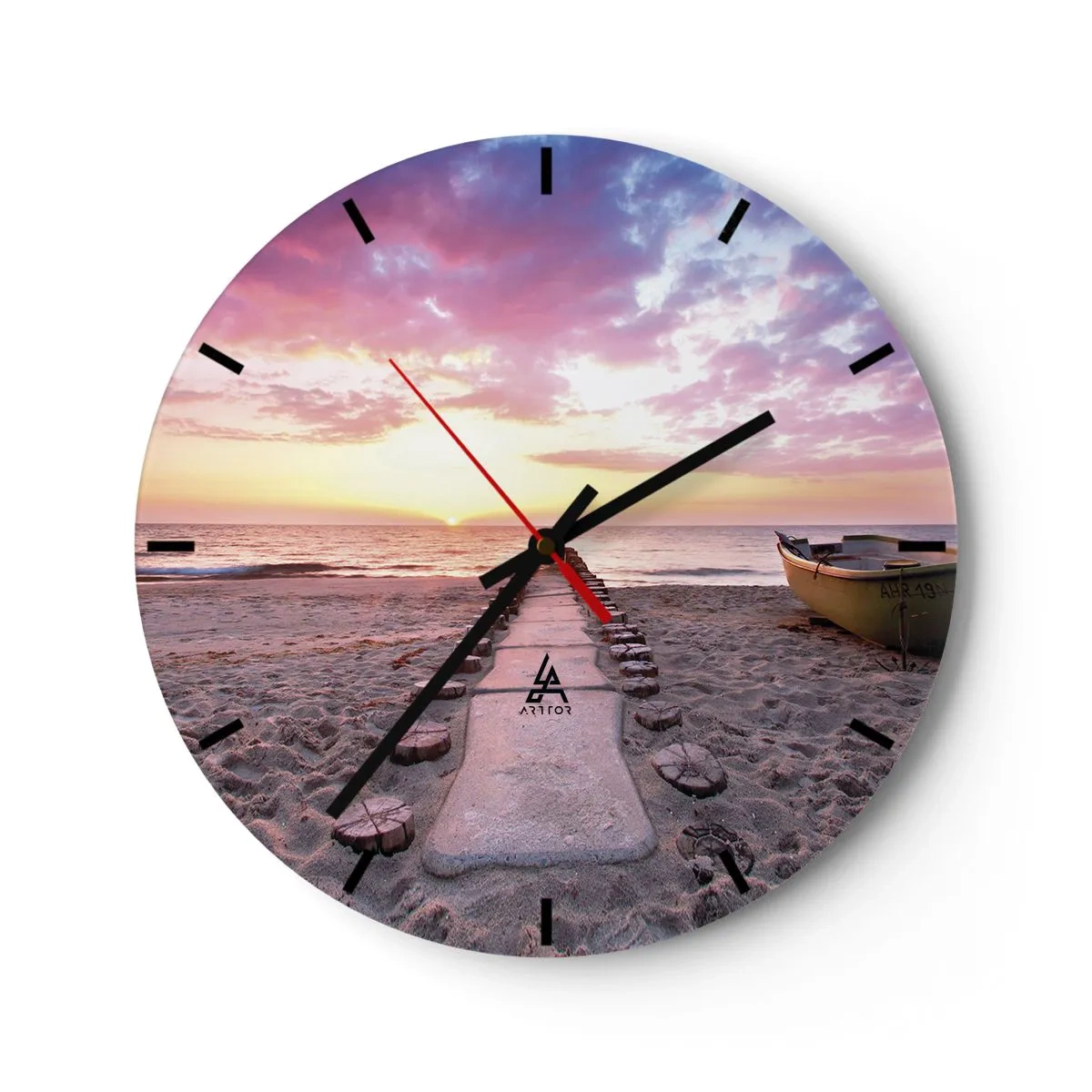 Orologio da parete - Orologio in Vetro - Sentiero sulla spiaggia che porta verso il tramonto - 30x30cm - Un momento profondo - Decorazione murale moderna per soggiorno, cucina e camera da letto ARTTOR