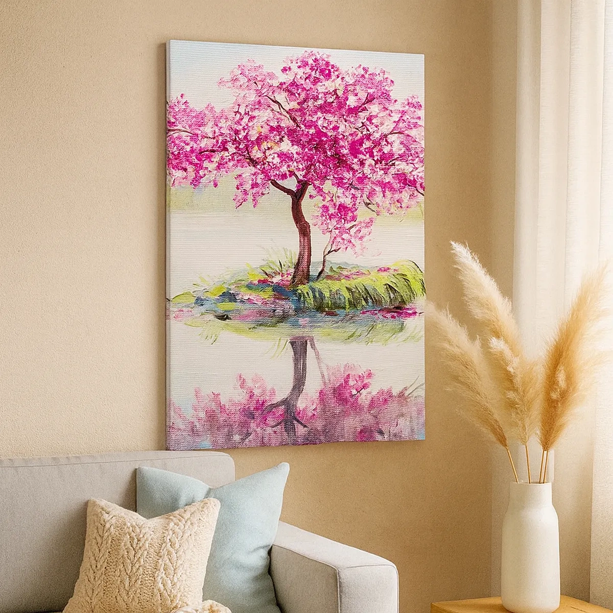 Quadro su tela - Stampe su Tela - Un albero in fiore sull'acqua ferma - 50x70cm - La festa della primavera - Decorazione murale moderna per soggiorno e camera da letto ARTTOR