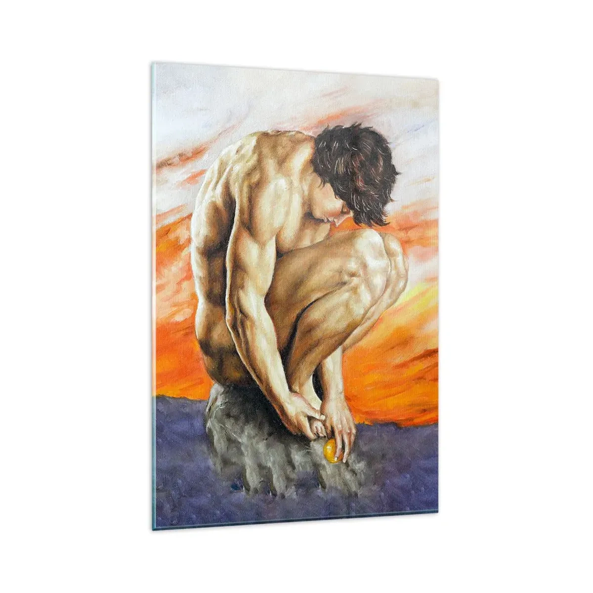 Quadro su vetro - Un uomo perso nei suoi pensieri sullo sfondo di un tramonto - 80x120cm - Immerso in se stesso - Decorazione murale moderna per soggiorno e camera da letto ARTTOR