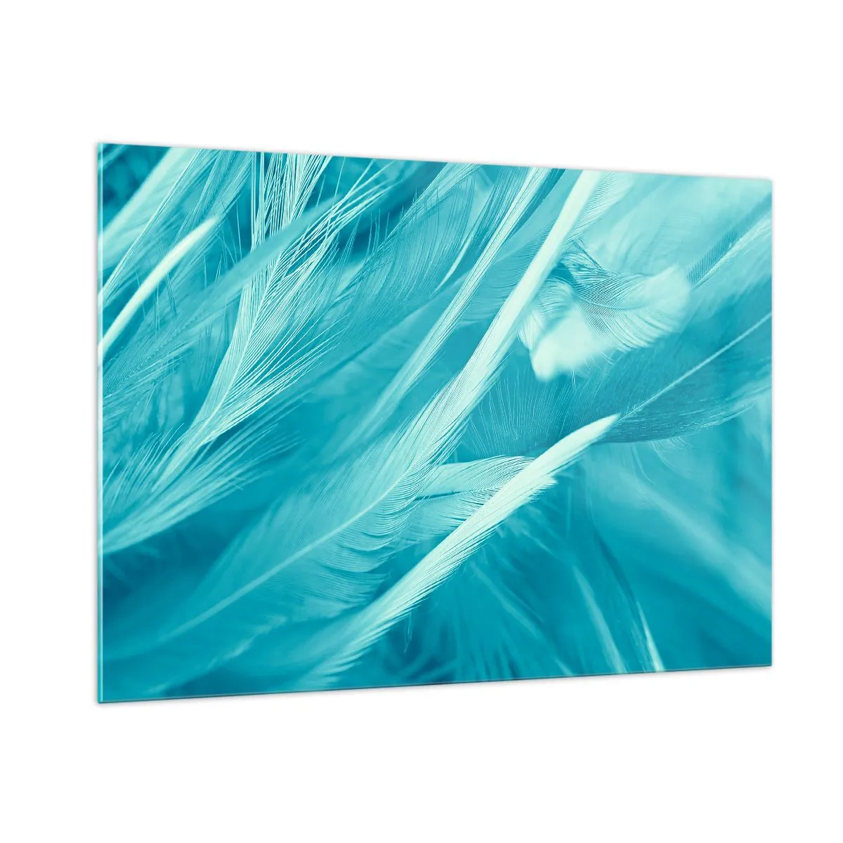 Quadro su vetro - Piume turchesi in un delicato primo piano - 100x70cm - Annegare nel morbido - Decorazione murale moderna per soggiorno e camera da letto ARTTOR