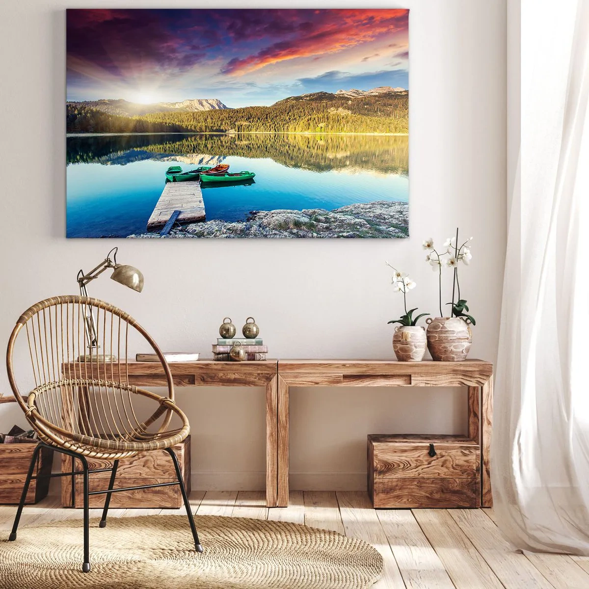 Quadro su tela - Stampe su Tela - Tramonto sul lago con barche al molo - 120x80cm - Sull'acqua liscia come uno specchio - Decorazione murale moderna per soggiorno e camera da letto ARTTOR