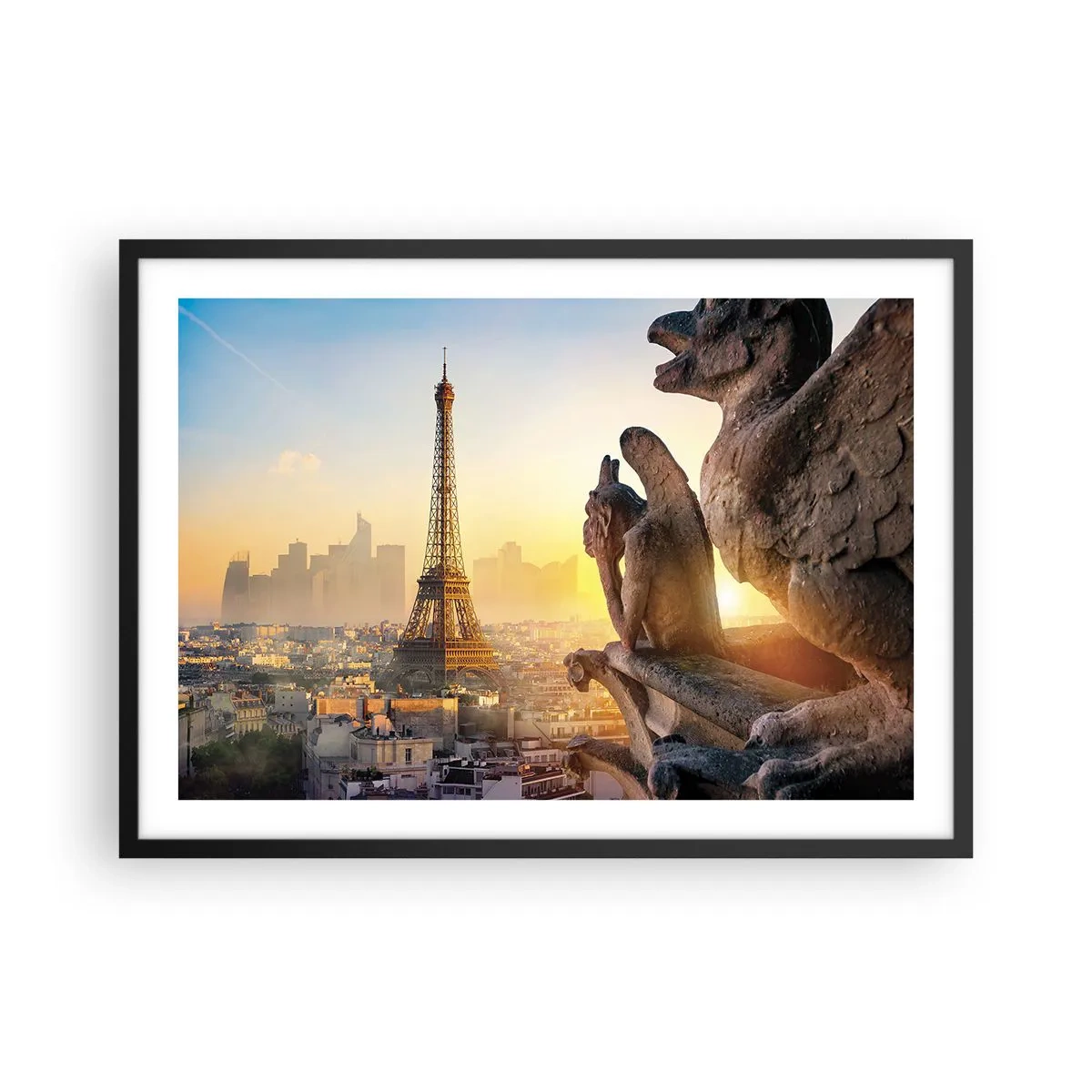 Poster in cornice nera - Vista della Torre Eiffel con i gargoyle sullo sfondo - 70x50cm - Tante cose sono cambiate... - Decorazione murale moderna per soggiorno e camera da letto ARTTOR