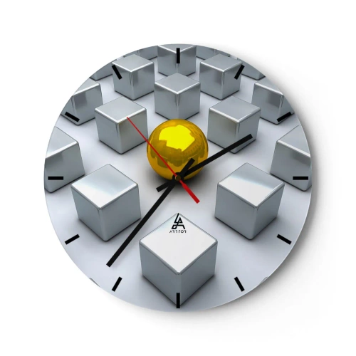 Orologio da parete - Orologio in Vetro - Una palla d'oro tra cubi d'argento - 30x30cm - Perché io? Composizione geometrica - Decorazione murale moderna per soggiorno, cucina e camera da letto ARTTOR