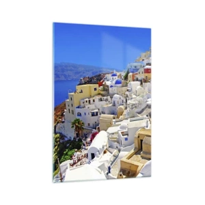 Quadro su vetro - Panorama di Santorini con case bianche e cielo azzurro - 70x100cm - Sogno di un'estate greca - Decorazione murale moderna per soggiorno e camera da letto ARTTOR