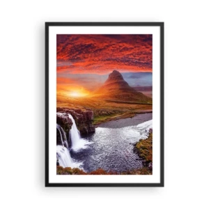 Poster in cornice nera - La montagna e la cascata illuminate dai raggi del sole al tramonto - 50x70cm - Paesaggio della Terra di Mezzo - Decorazione murale moderna per soggiorno e camera da letto ARTTOR