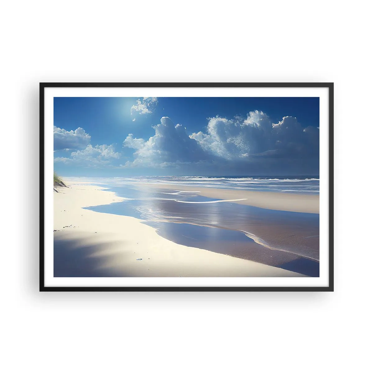 Poster in cornice nera - Una spiaggia sabbiosa con onde sotto un cielo azzurro - 100x70cm - Vacanze in paradiso - Decorazione murale moderna per soggiorno e camera da letto ARTTOR