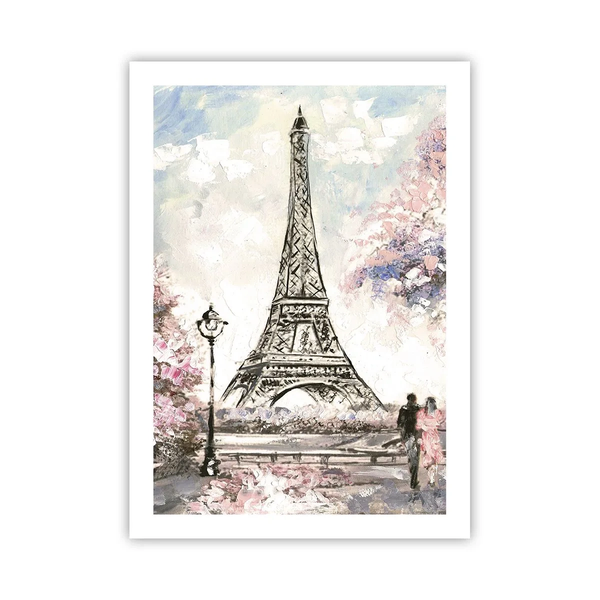 Poster - La Torre Eiffel con un paesaggio romantico dai colori pastello - 50x70cm - Passeggiata a Parigi in aprile - Decorazione murale moderna per soggiorno e camera da letto ARTTOR