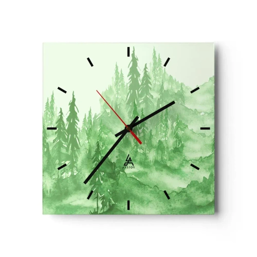 Orologio da parete - Orologio in Vetro - Foresta verde in stile acquerello su sfondo chiaro - 30x30cm - Sfocato da una nebbia verde - Decorazione murale moderna per soggiorno e camera da letto ARTTOR
