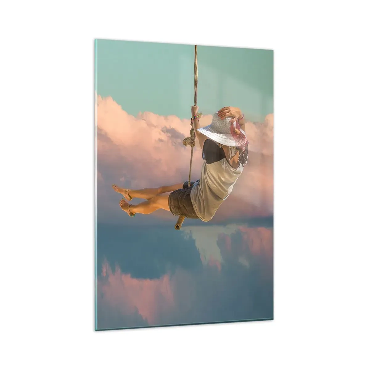 Quadro su vetro - Donna su un'altalena tra le nuvole rosa - 80x120cm - Divertimento tra le nuvole - Decorazione murale moderna per soggiorno e camera da letto ARTTOR