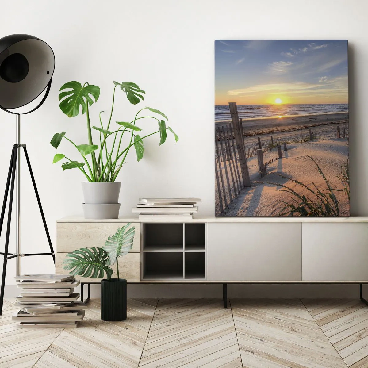 Quadro su tela - Stampe su Tela - Spiaggia al tramonto con recinzione in legno - 70x100cm - Luci e ombre del vento - Decorazione murale moderna per soggiorno e camera da letto ARTTOR