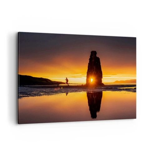 Quadro su tela - Stampe su Tela - Persona che corre sulla spiaggia al tramonto con formazione rocciosa - 100x70cm - Solo tu e la natura - Decorazione murale moderna per soggiorno e camera da letto ARTTOR