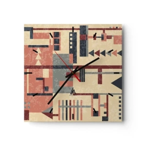 Orologio da parete - Orologio in Vetro - Motivo geometrico nei toni pastello del beige, rosso e grigio - 30x30cm - Combinazione di orizzontali e verticali - Decorazione murale moderna per soggiorno e camera da letto ARTTOR