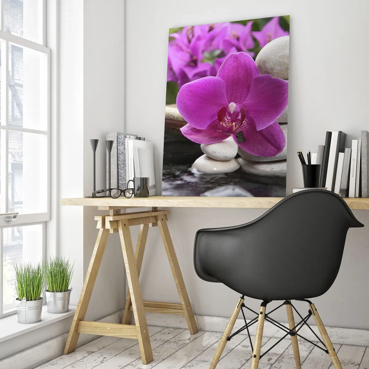 Quadro su vetro - Orchidea viola, pietre e cascata di bambù - 50x70cm - E già ti riposi - Decorazione murale moderna per soggiorno e camera da letto ARTTOR