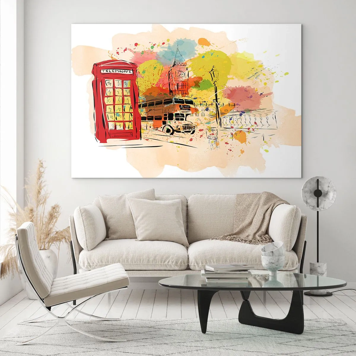 Quadro su vetro - Una cabina telefonica rossa, un autobus a due piani e il Big Ben - 100x70cm - La città della varietà - Decorazione murale moderna per soggiorno e camera da letto ARTTOR