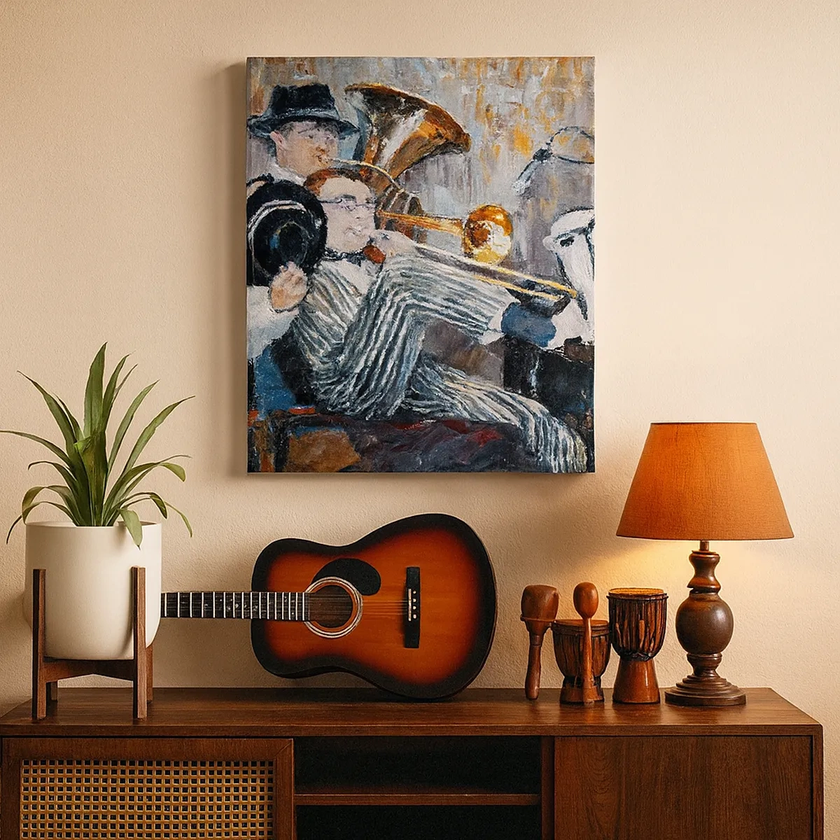 Quadro su tela - Stampe su Tela - Musicisti jazz in stile pittorico durante un concerto - 50x70cm - Tutto il jazz - Decorazione murale moderna per soggiorno e camera da letto ARTTOR