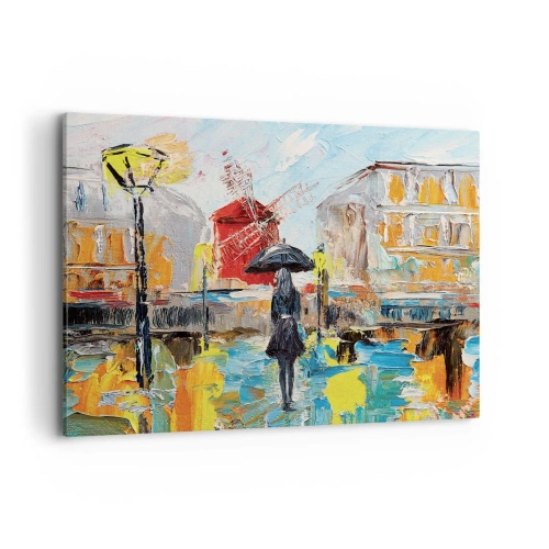Quadro su tela - Stampe su Tela - Una scena pittoresca con un ombrello sullo sfondo di Parigi dai colori vivaci. - 120x80cm - Leggende di Parigi - Decorazione murale moderna per soggiorno e camera da letto ARTTOR