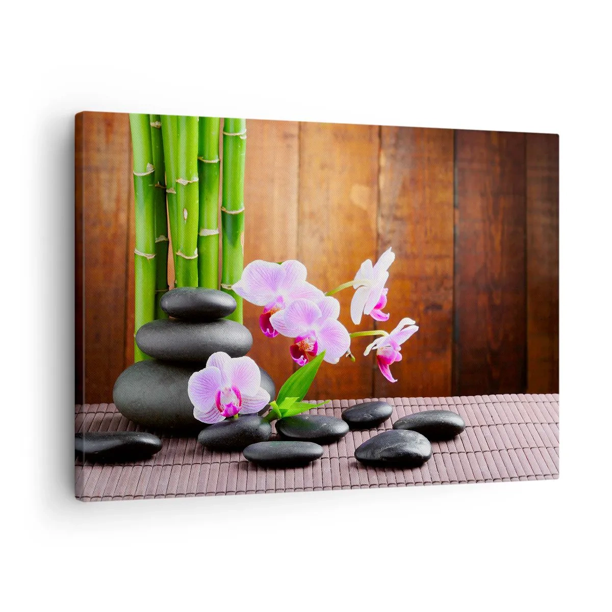 Quadro su tela - Stampe su Tela - Bambù in stile zen, pietre e orchidee rosa su uno sfondo di legno - 70x50cm - Scopri i piaceri dell'oriente - Decorazione murale moderna per soggiorno e camera da letto ARTTOR