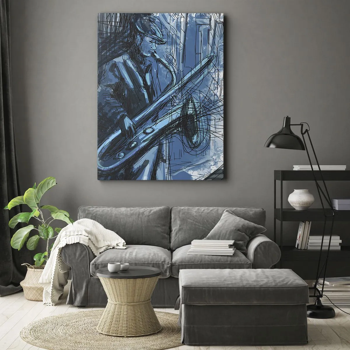 Quadro su tela - Stampe su Tela - Una figura che suona il sassofono sullo sfondo di una città - 50x70cm - Rapsodia urbana - Decorazione murale moderna per soggiorno e camera da letto ARTTOR