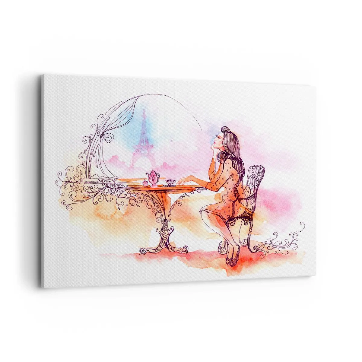 Quadro su tela - Stampe su Tela - Acquerello romantico di una donna in un caffè con vista su una torre - 100x70cm - Chic parigino - Decorazione murale moderna per soggiorno e camera da letto ARTTOR