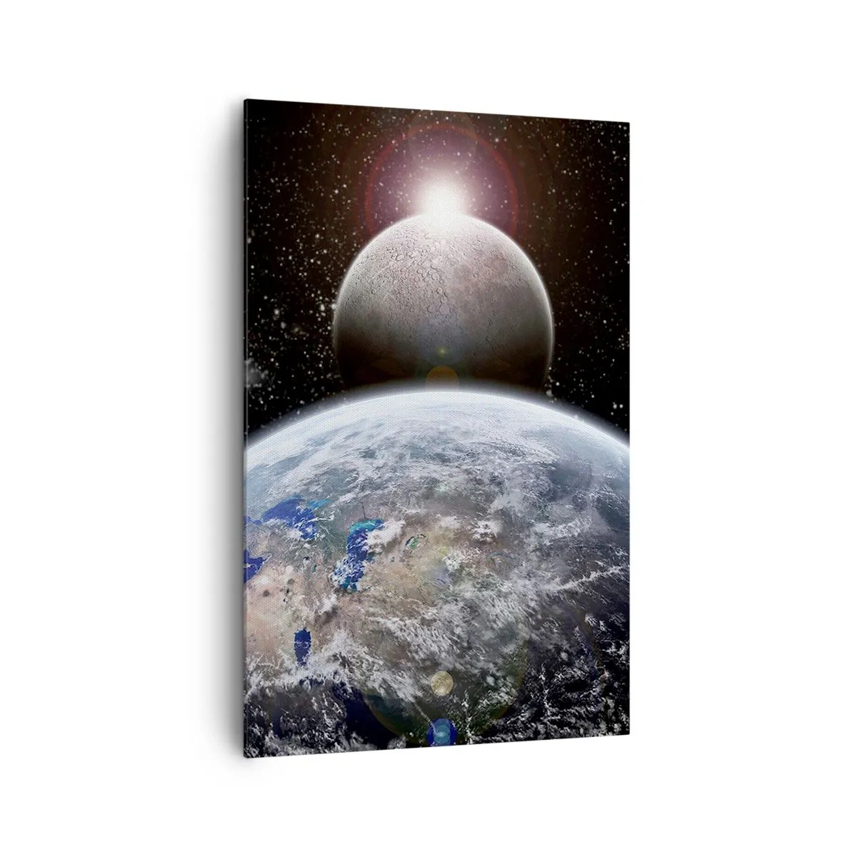 Quadro su tela - Stampe su Tela - Il pianeta Terra e la Luna sullo sfondo dello spazio stellato. - 80x120cm - Paesaggio cosmico: sorgere del sole - Decorazione murale moderna per soggiorno e camera da letto ARTTOR