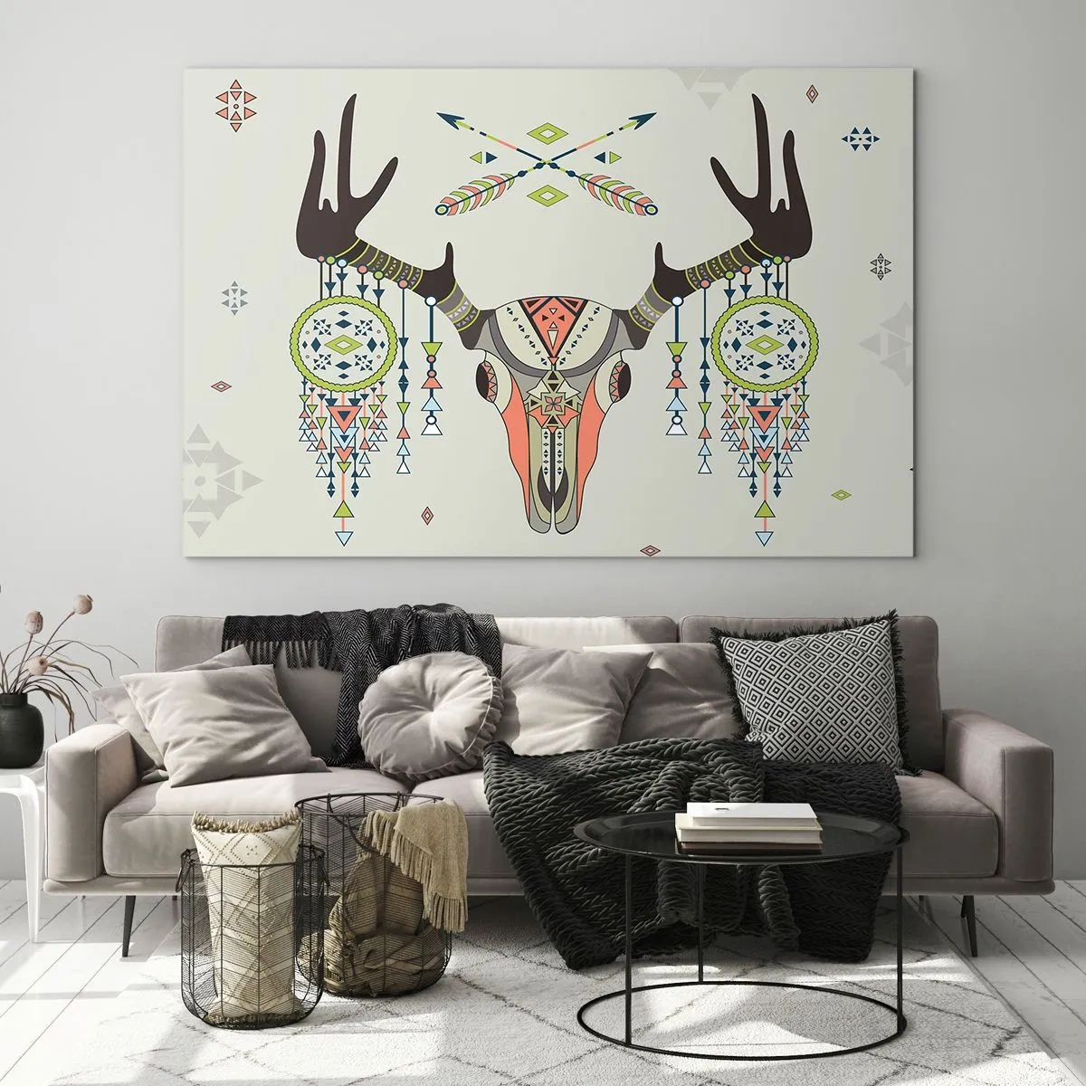 Quadro su vetro - Corna simboliche e motivi nativi americani su uno sfondo chiaro - 120x80cm - Il trofeo del cacciatore indiano - Decorazione murale moderna per soggiorno e camera da letto ARTTOR