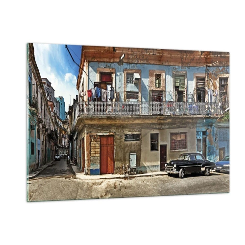 Quadro su vetro - Strada retrò con edifici classici e un'auto - 120x80cm - Atmosfera dell'Avana - Decorazione murale moderna per soggiorno e camera da letto ARTTOR