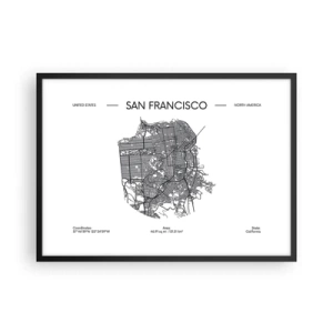 Poster in cornice nera - Una mappa di San Francisco in stile minimalista in bianco e nero. - 70x50cm - Anatomia di San Francisco - Decorazione murale moderna per soggiorno e camera da letto ARTTOR