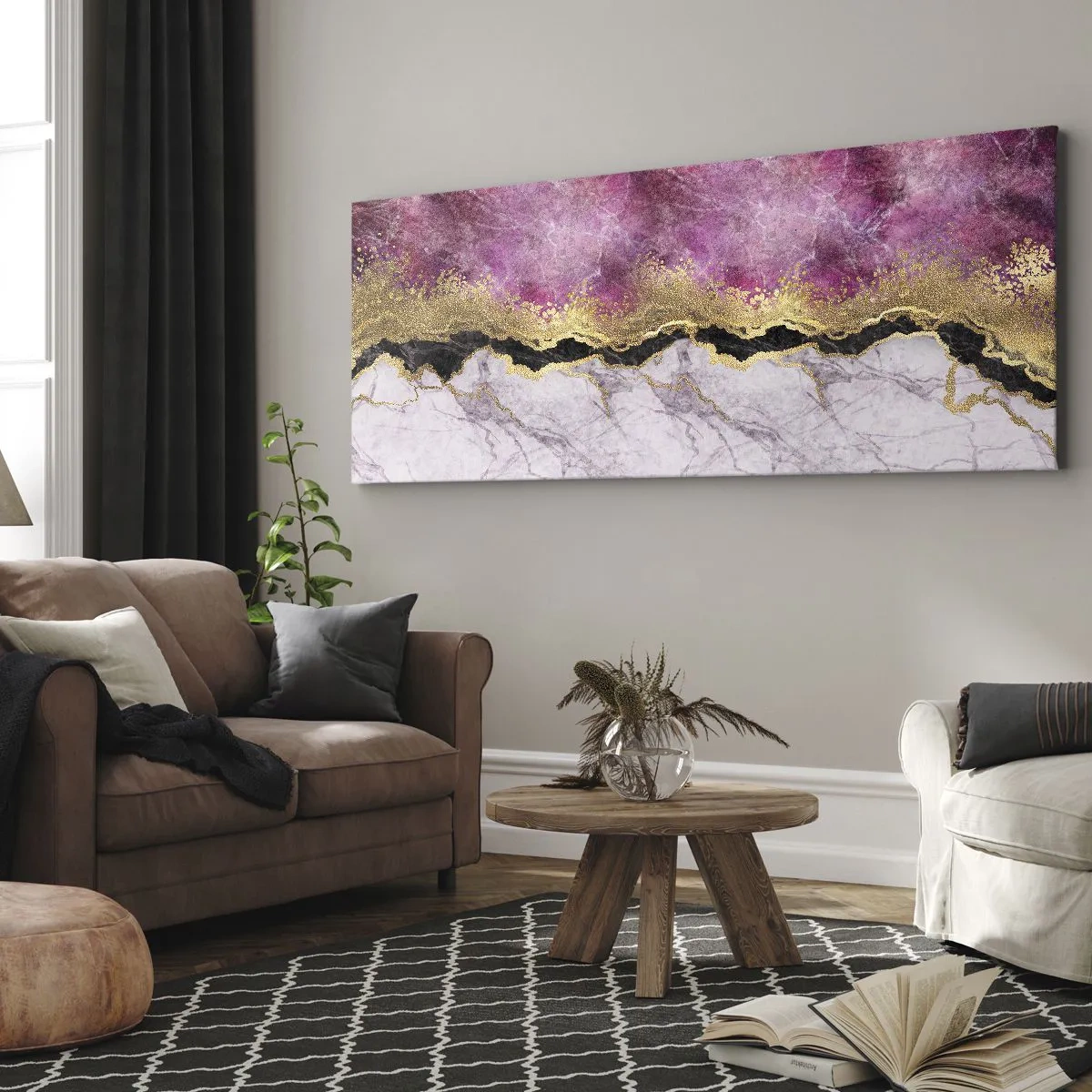 Quadro su tela - Stampe su Tela - Marmo astratto nei toni del rosa con accenti dorati - 120x50cm - Sul confine - Decorazione murale moderna per soggiorno e camera da letto ARTTOR