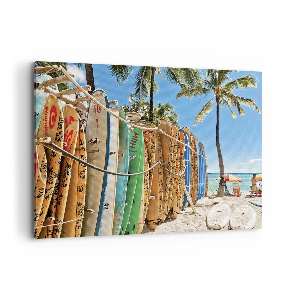 Quadro su tela - Stampe su Tela - Tavole da surf su una spiaggia con palme - 100x70cm - Divertimento sotto il sole - Decorazione murale moderna per soggiorno e camera da letto ARTTOR