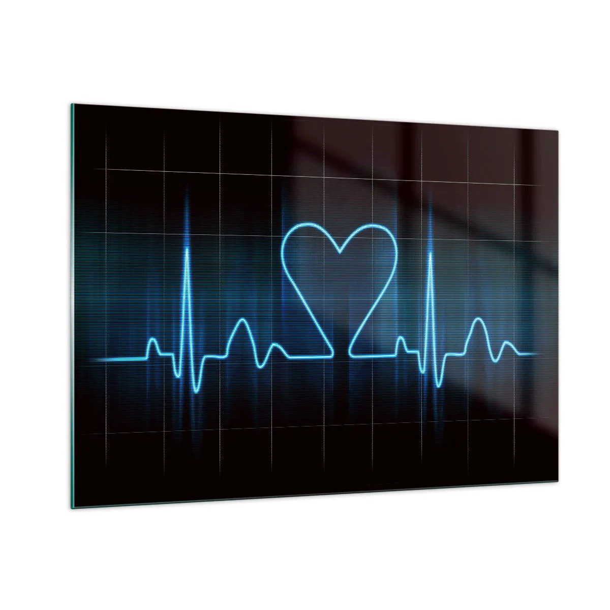 Quadro su vetro - Linea di vita con un cuore su uno sfondo scuro in luce blu - 100x70cm - Al ritmo del cuore - Decorazione murale moderna per soggiorno e camera da letto ARTTOR