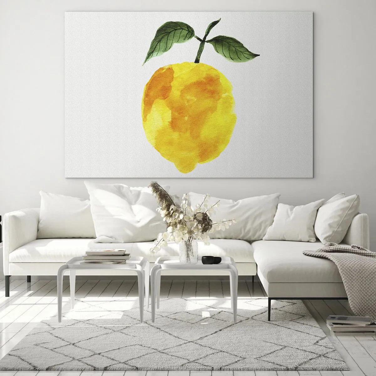 Quadro su vetro - Limone acquerello con foglie verdi - 100x70cm - Scoprire il sapore del sole - Decorazione murale moderna per soggiorno e camera da letto ARTTOR