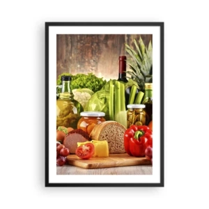 Poster in cornice nera - Verdure colorate e prodotti alimentari su uno sfondo di legno - 50x70cm - Affumicati, arrostiti, marinati - Decorazione murale moderna per soggiorno e camera da letto ARTTOR