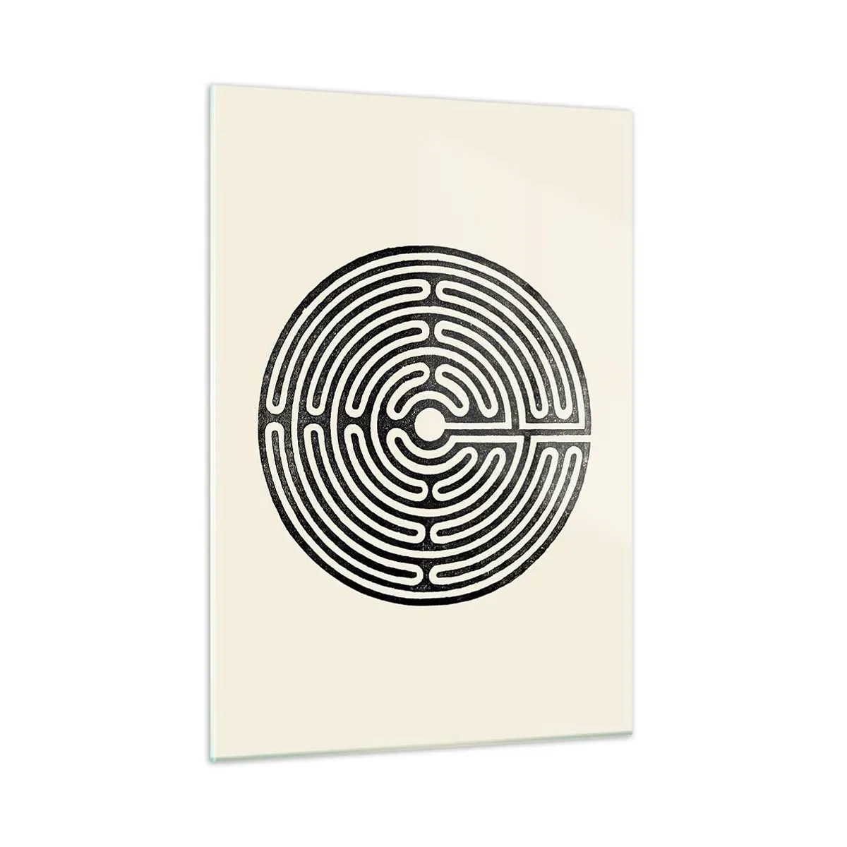 Quadro su vetro - Un labirinto bianco e nero di forma circolare su uno sfondo chiaro. - 50x70cm - Ordine misterioso - Decorazione murale moderna per soggiorno e camera da letto ARTTOR