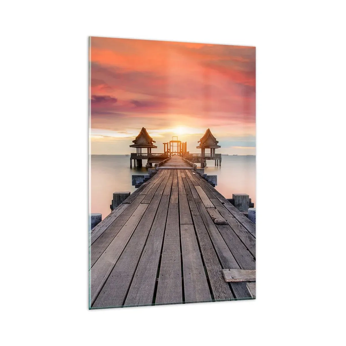 Quadro su vetro - Molo di legno che conduce ai gazebo al tramonto - 80x120cm - Tramonto d'oriente - Decorazione murale moderna per soggiorno e camera da letto ARTTOR