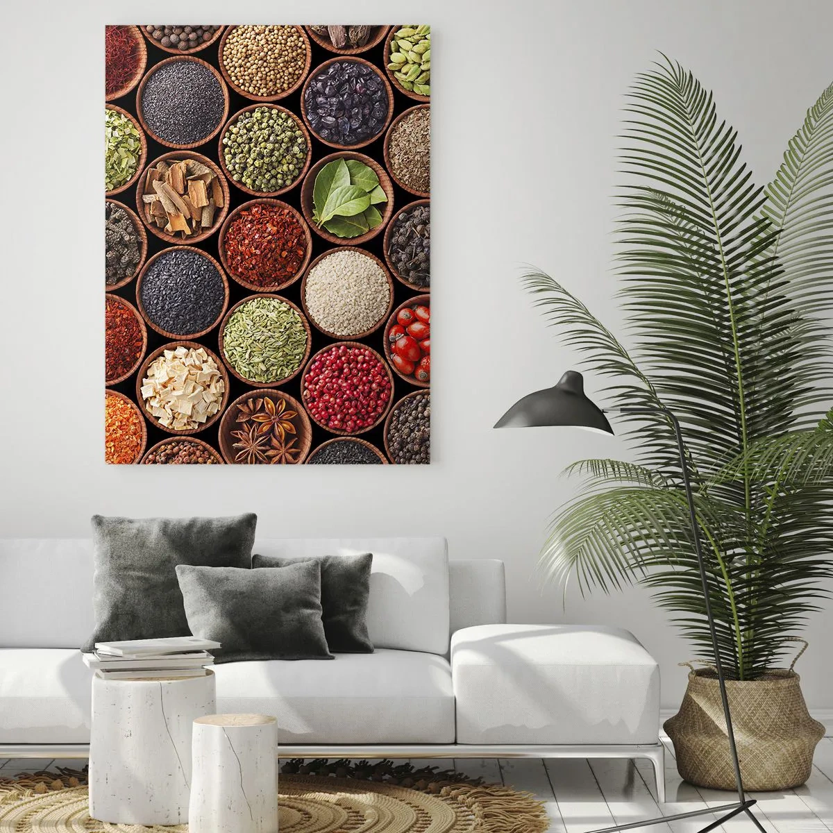 Quadro su vetro - Una composizione di varie spezie in ciotole di legno - 50x70cm - Tutti i gusti del mondo - Decorazione murale moderna per soggiorno e camera da letto ARTTOR