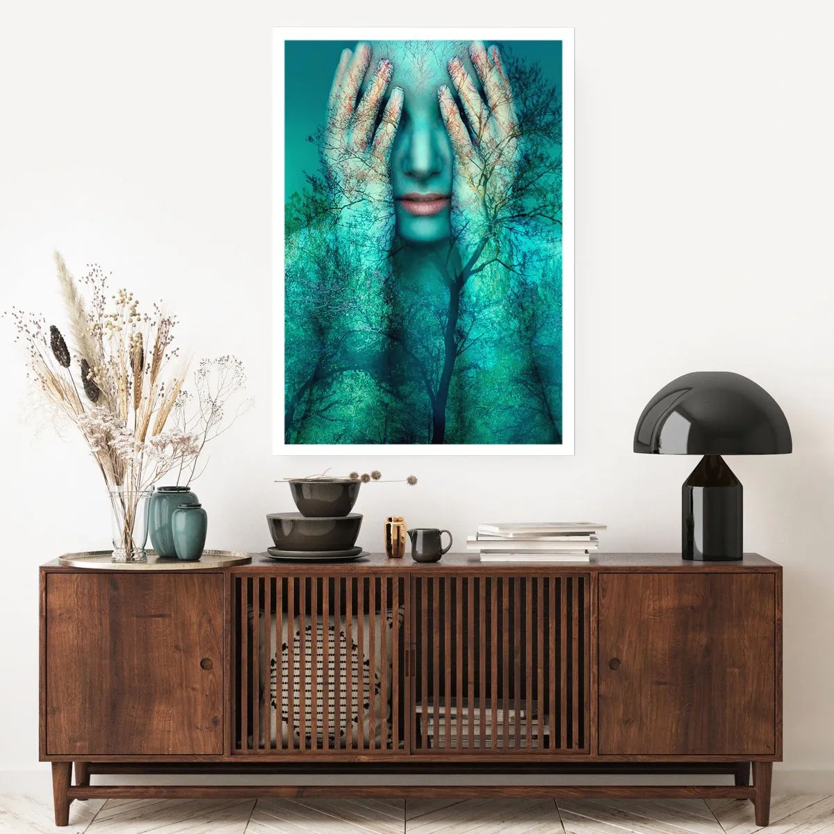 Poster - Volto di donna con paesaggio boschivo in stile doppia esposizione. - 50x70cm - Immersa nel blu - Decorazione murale moderna per soggiorno e camera da letto ARTTOR