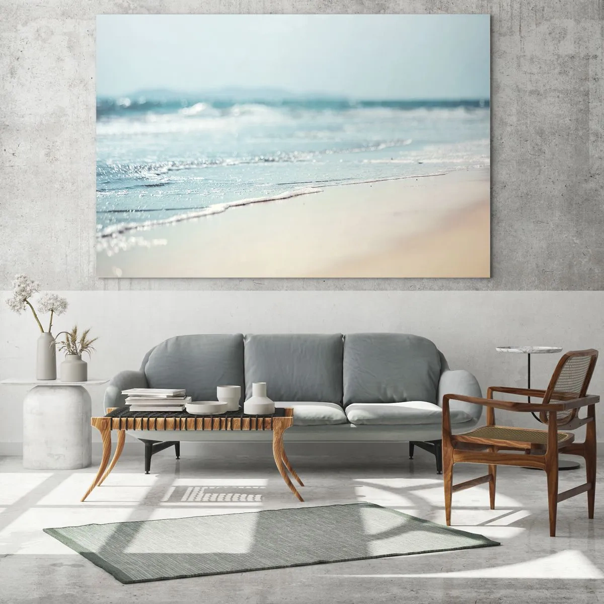 Quadro su vetro - Dolci onde dell'oceano che lambiscono la spiaggia sabbiosa - 120x80cm - Calore e rumore - Decorazione murale moderna per soggiorno e camera da letto ARTTOR