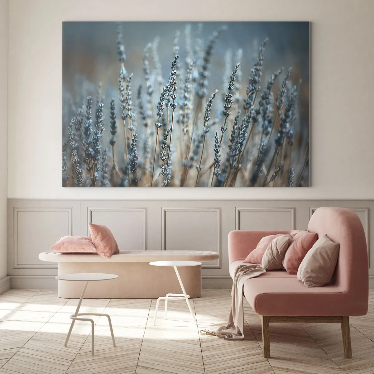 Quadro su vetro - Un campo di lavanda in una luce soffusa e fresca - 70x50cm - Campo profumato - Decorazione murale moderna per soggiorno e camera da letto ARTTOR