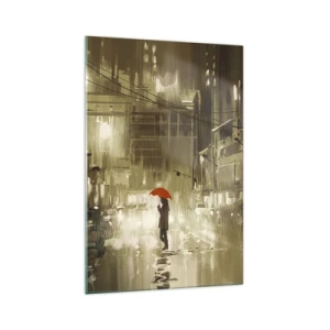 Quadro su vetro - Una figura con un ombrello rosso in una città piovosa - 70x100cm - Sola ma non solitaria - Decorazione murale moderna per soggiorno e camera da letto ARTTOR