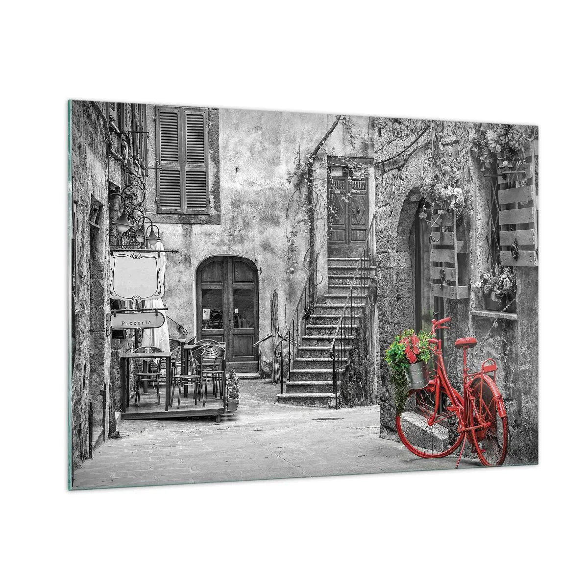 Quadro su vetro - Strada bianca e nera con una bicicletta rossa - 100x70cm - Angolo toscano - Decorazione murale moderna per soggiorno e camera da letto ARTTOR