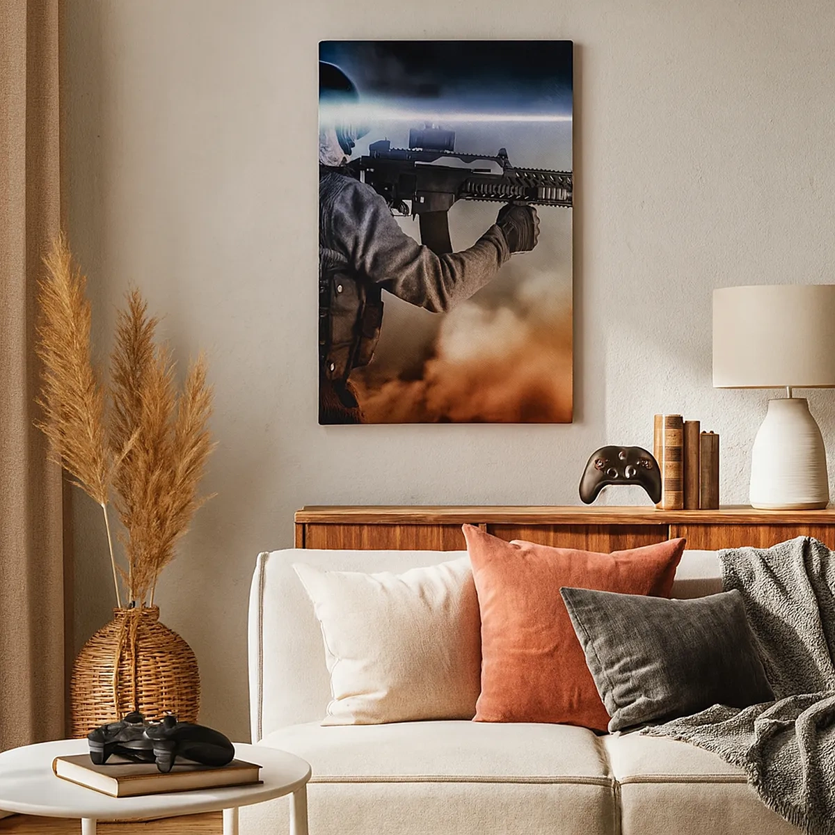 Quadro su tela - Stampe su Tela - Un soldato in azione con un fucile su uno sfondo di nuvole e luci. - 50x70cm - Semplicemente un eroe - Decorazione murale moderna per soggiorno e camera da letto ARTTOR