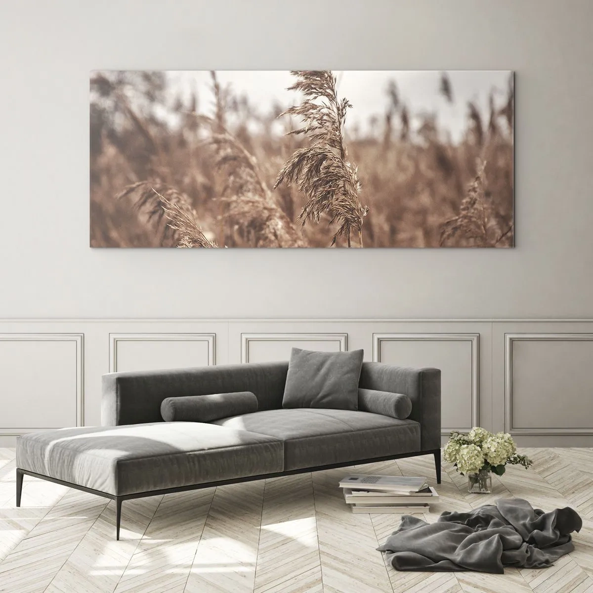 Quadro su vetro - Erbe dorate sullo sfondo di un paesaggio autunnale - 140x50cm - Nei campi è già autunno - Decorazione murale moderna per soggiorno e camera da letto ARTTOR