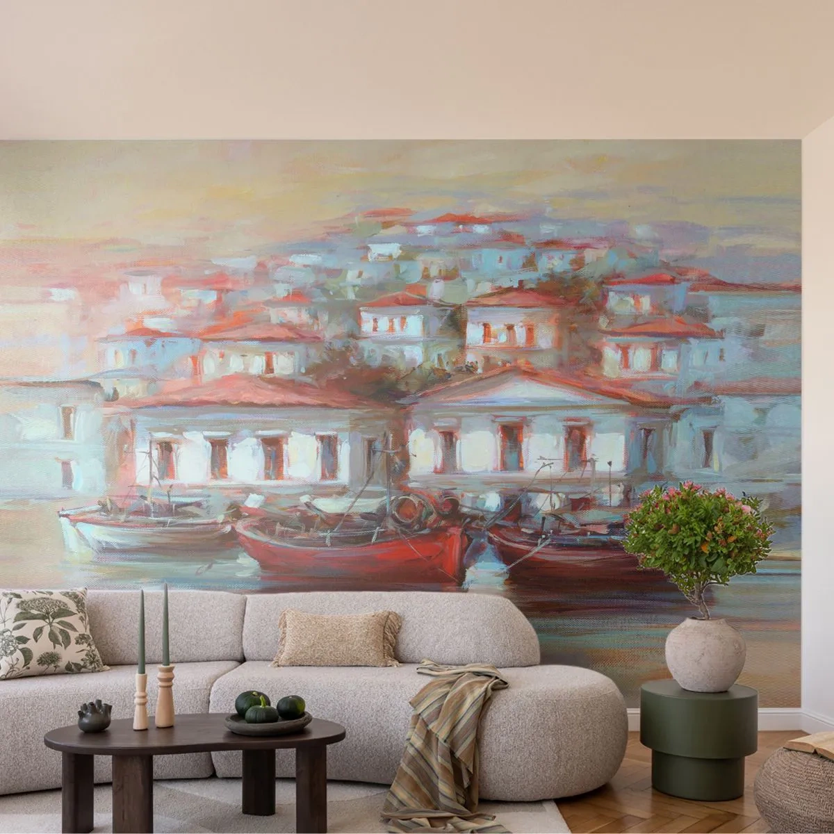Fotomurali Premium Sand - Cittadina felice - Architettura, Barca a vela, Porto - 400x280 cm