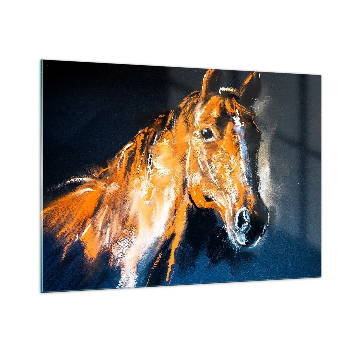 Quadro su vetro - Ritratto di un cavallo in intense tonalità di marrone su sfondo scuro - 100x70cm - Allora, andiamo? - Decorazione murale moderna per soggiorno e camera da letto ARTTOR